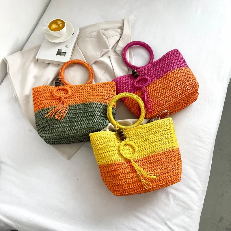 Sac à main tissé en paille pour femmes, fourre-tout de plage, style panier de légumes, sacoche bohème, pochette tissée en rotin