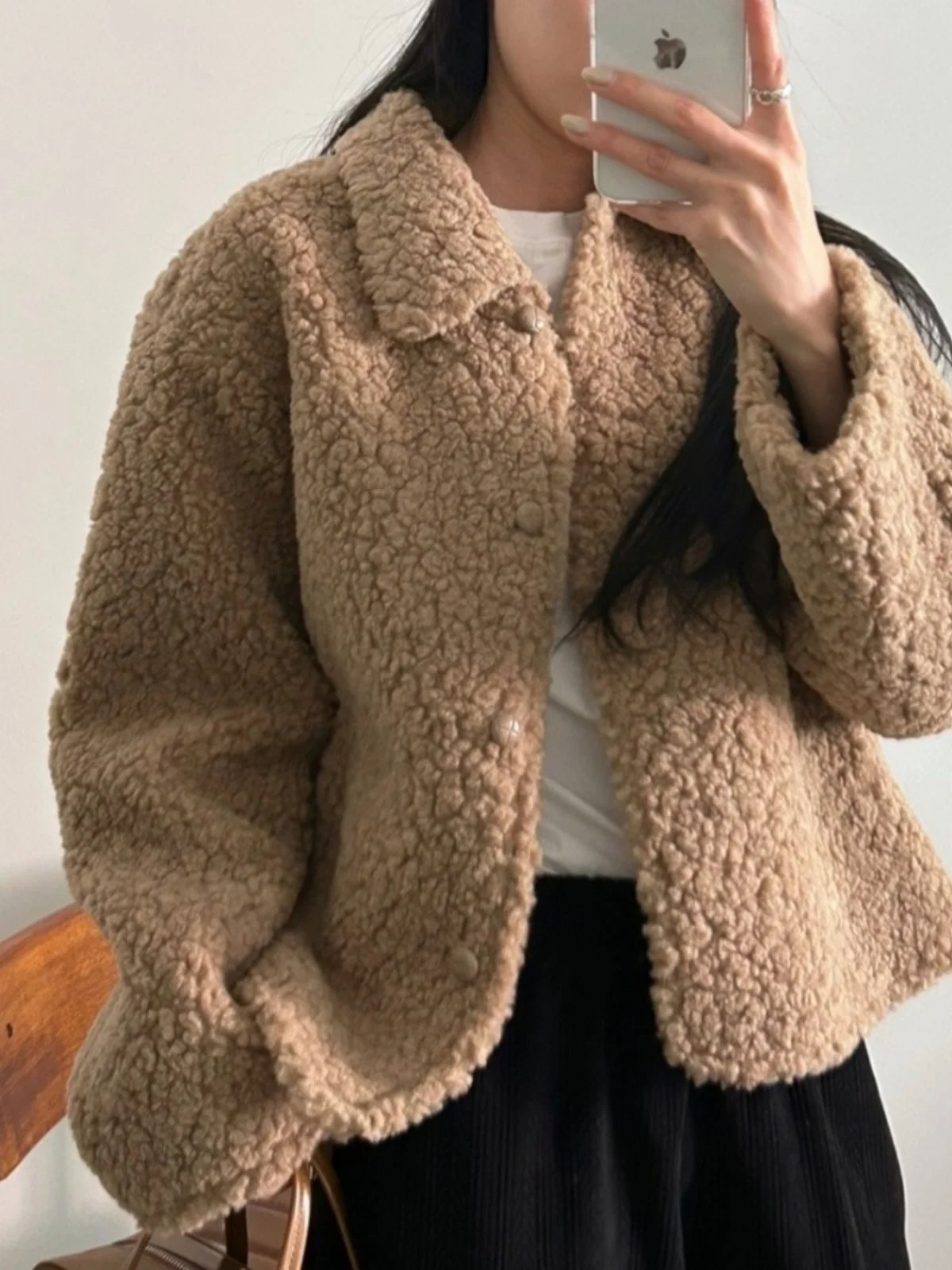 Korean Sle Winter Jaet Women Faion Anti-Aging Lapel Single Button Lamb Fur ort Warm Top Trendy ort Coat