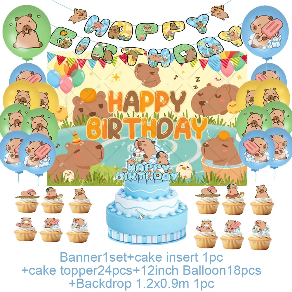 Cute Orange Capybara Theme Happy Birthday Party Decor Animal Balloons Baby Shower Cake Topper Banner Backdrop Supplies Gift Toy