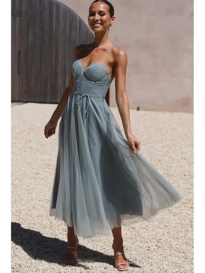 

Chiffon Mesh Yarn Spaghetti Strap Long Dresses Women Solid Color Sexy Low Cut Backless Leace-up Dress Trendy Party Vestidos New