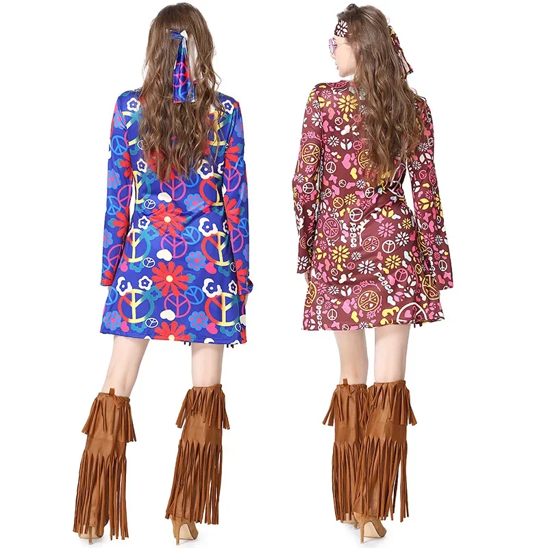 60s 70s Disco Hippie Cosplay Costume Tassel Stage Costume Pearl Secret Love Retro Outfit Bohemian Style Women Dress Up for Adult