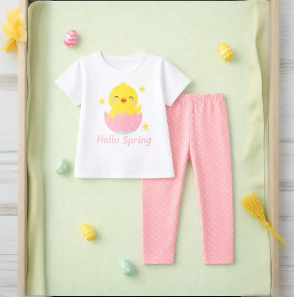 

Праздничный комплект для девочек на Пасху: футболка с коротким рукавом и принтом «Привет, Весна» + брюки в горошек, повседневный детский наряд, 2-7 лет