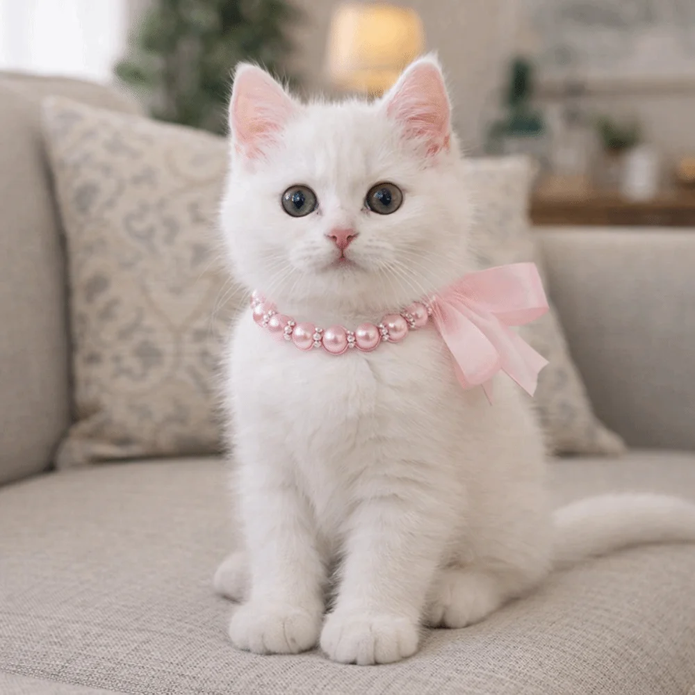 Collier réglable pour animaux de compagnie avec perles simulées, collier élégant pour chat avec nœud papillon en ruban et perles simulées