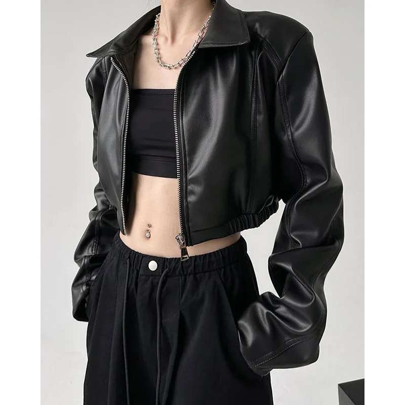 American Vintage Short Faux Leather Jacket Female Gothic Black Lapel Zipper Motorcycle Coats Streetwear Long Sleeve PU Outerwear
