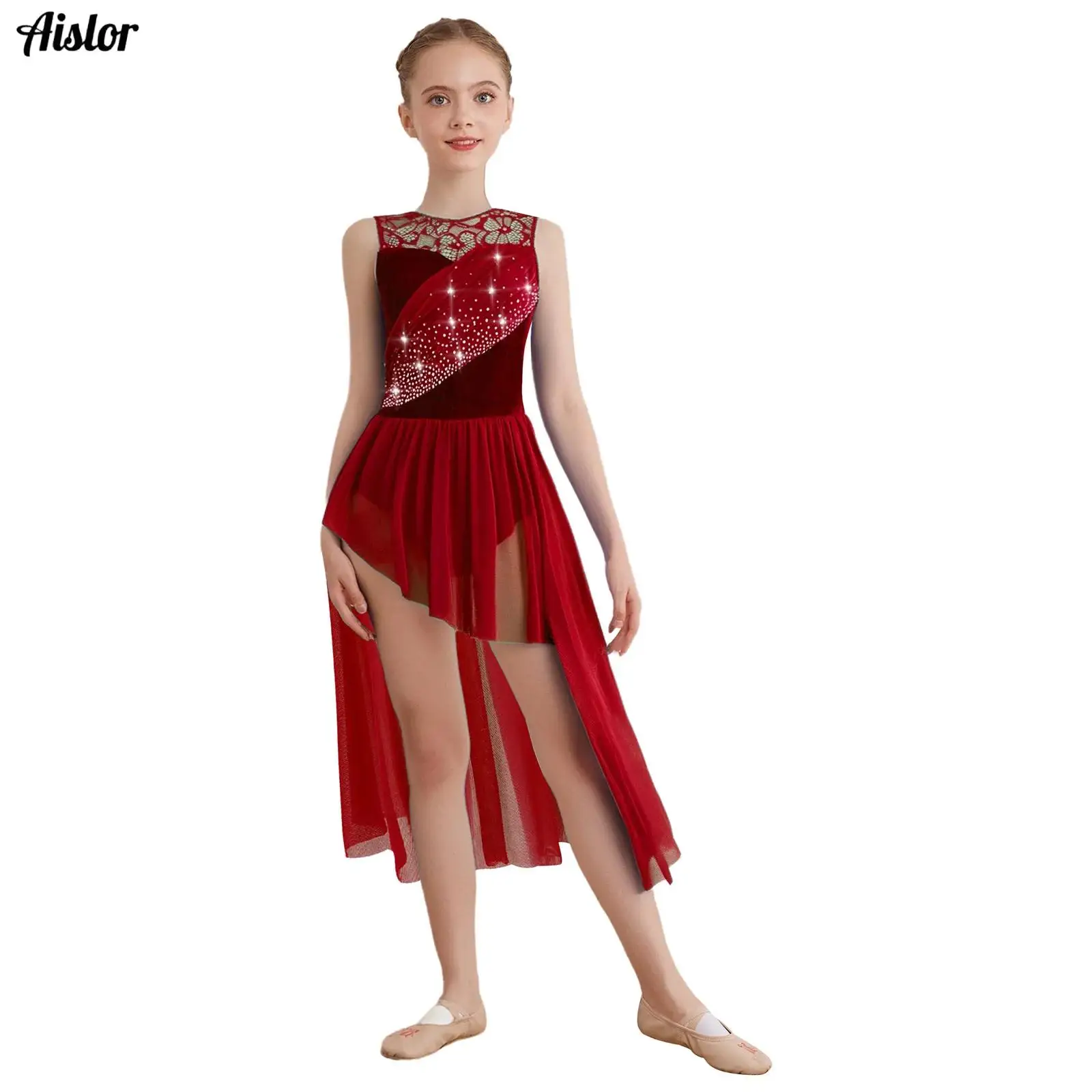 

Kids Girls Lyrical Dance Dress Lace Patchwork Ruched Mesh Asymmetrical Hem Sparkly Rhinestones Leotard Dress Modern Dancewear
