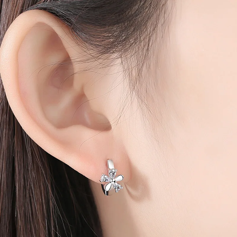 Genuine 925 Sterling Silver High Quality Crystal Jewelry New Flower Hoop Earrings For Women XY0118