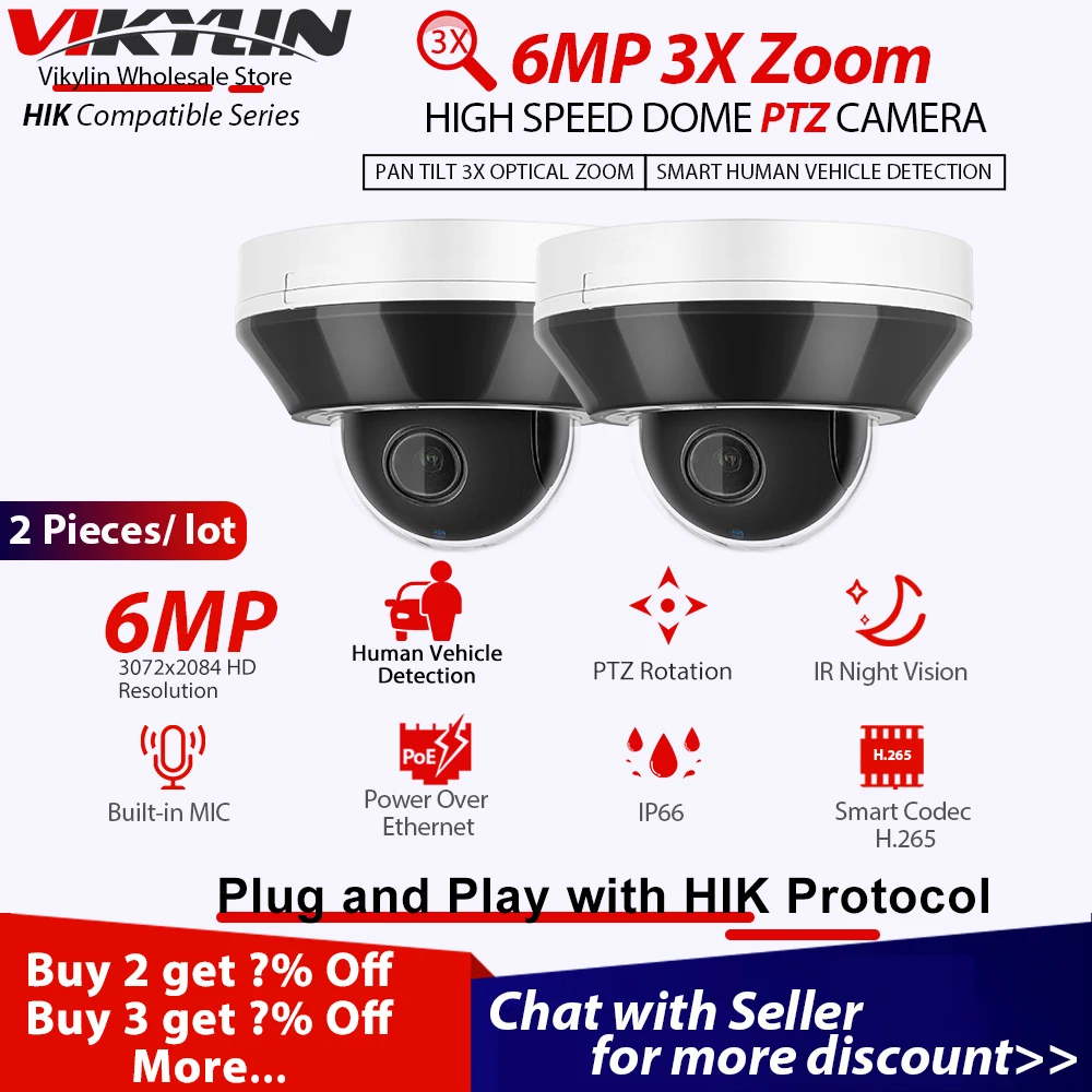 Vikylin 6MP 2.8-8mm 3X Optical Zoom PTZ Security IP Camera For Hikvision Compatible POE H.265 IP66 Surveillance Cam Built in MIC