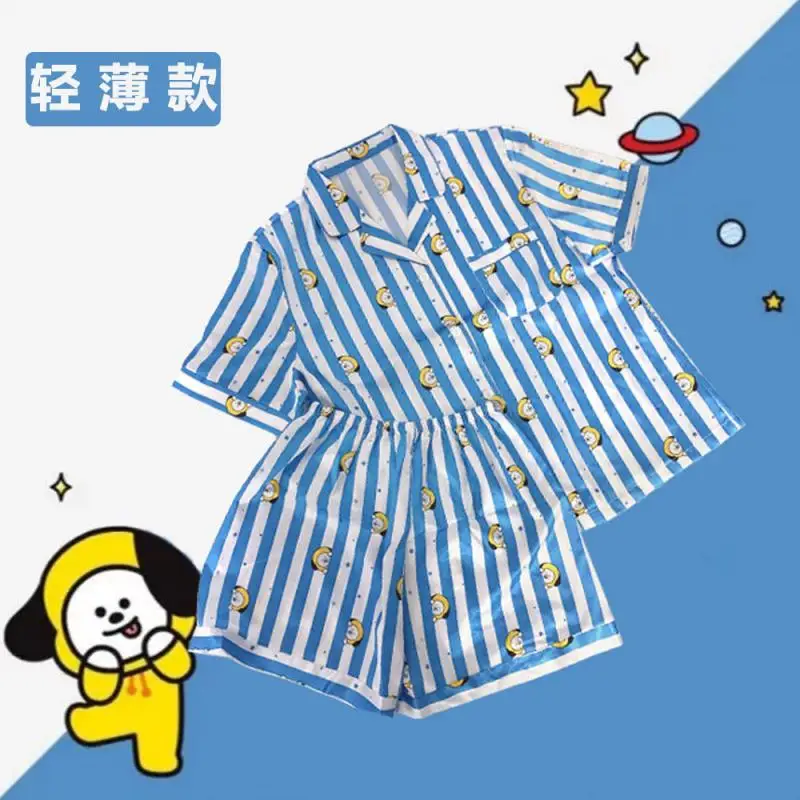 Kawaii Bt21 Pajamas 2Pcs Set Cute Cartoon Printed Lapel Short Sleeve Shorts Home Clothes Summer Light Casual Wear Girls Gift