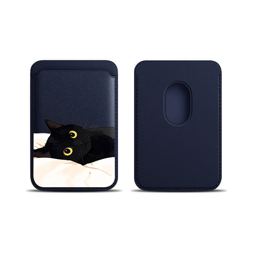 Schwarze Katzen-Leder-Kartenhülle für das Handy, geeignet für alle iPhone-Hüllen, Magsafe magnetische Kartenhalterung, einfache Handy-Rückentasche – Detail 15