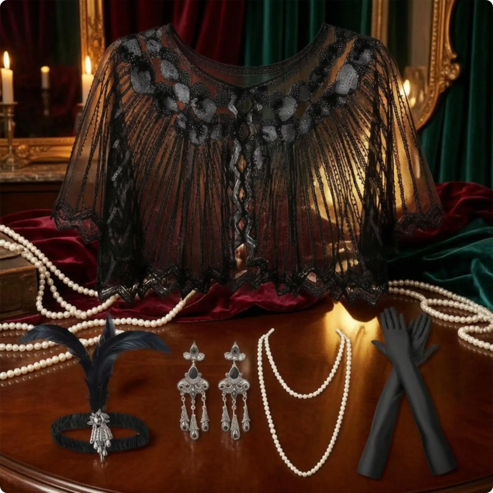 Women Fringe Sequin Cape with Feather Headband and Jewelry Set 5 Piece Vintage Dancer Costume for Stage Show or Party