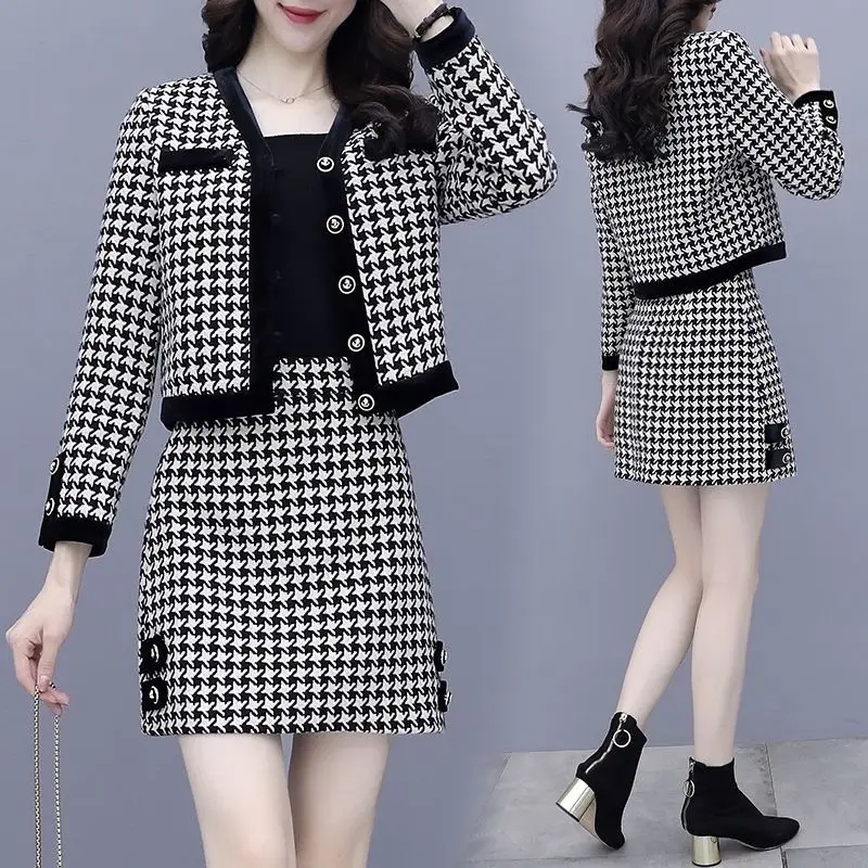 

Autumn Two Piece Set Female Short Woolen Tweed Jacket Coat and Bodycon Mini Skirt Ladies Matching Outfits G125