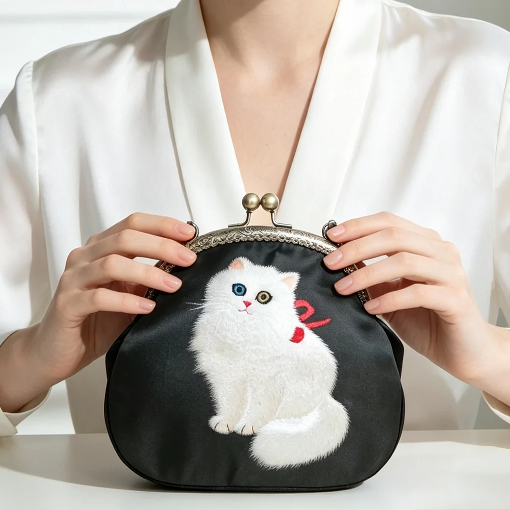 Hand‑Embroidered Black Frame Purse Persian Cat Motif, Symbolizing Fortune & Prosperity, Exquisite & Refined
