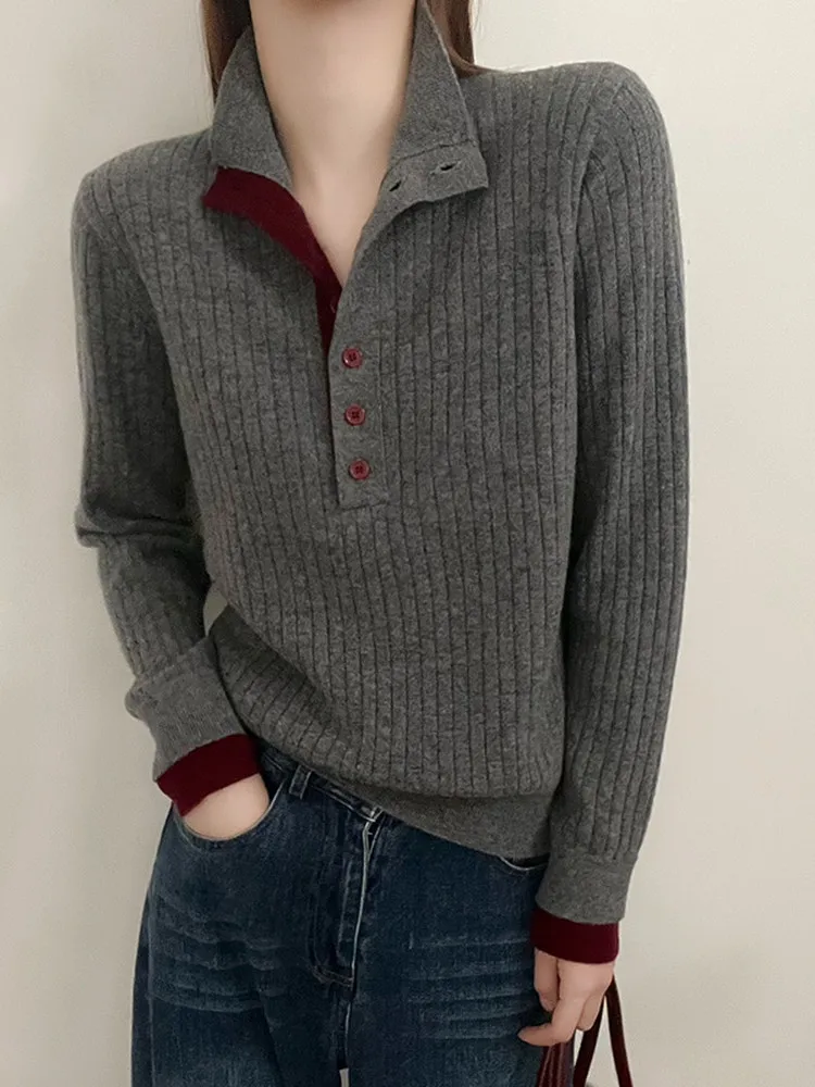 

Women's Knitted f Button High Collar Pullover Slim Fit Long Sve Top Color Blo Design Inner Wear Casual Commute Sle