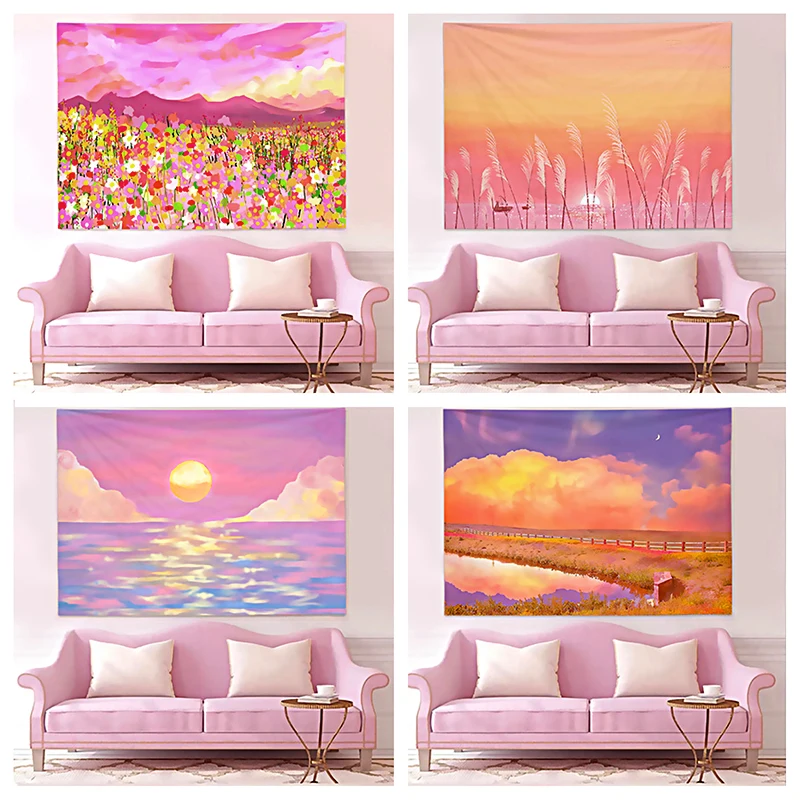 Cloud Flower Pink Tapestry Psychedelic Kawaii Sky Wall Hanging Girly Watercolor Style Tapestries Children's Bedroom Wall Blanket