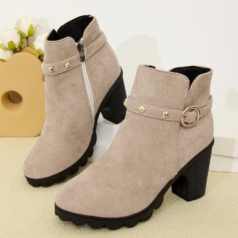 Women\'s Retro High Heel Ankle Boots 2024 New Square Heel Woman High Leather Boots Female Round Toe Rivet Platform Short Bootines