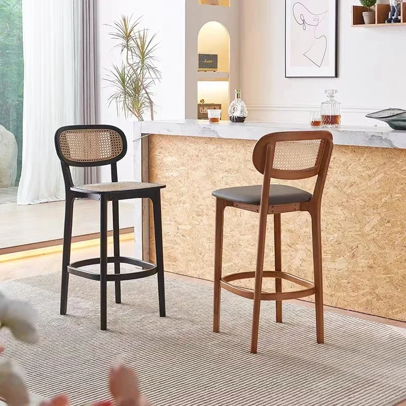 Modern bra room furniture Solid wood frame leather soft seat sponge cushion Rattan back high bar chair stool chair