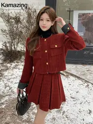 Autumn Winter New Red Tweed Two-piece Skirt Set Women Short Jacket Coat Pleated Mini Skirt Korean Fashion Chic Female Outfits