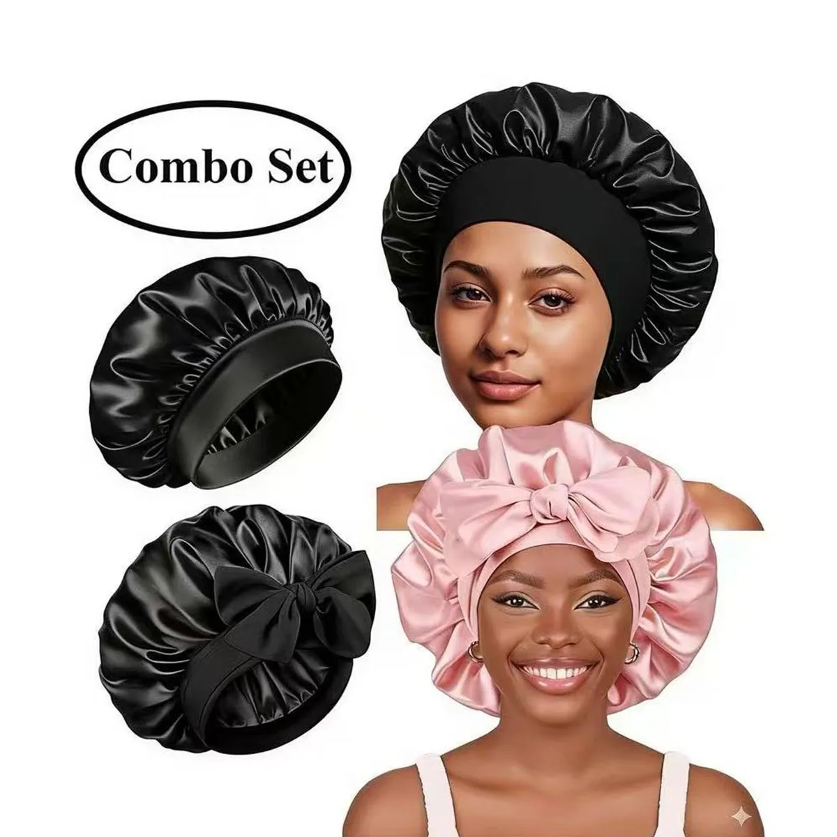 1Set/2Pcs Women's Sleep Bonnet with Satin Lining, Soft Elastic Band, Bow Tie, Suitable for Curly Hair Sleep Cap