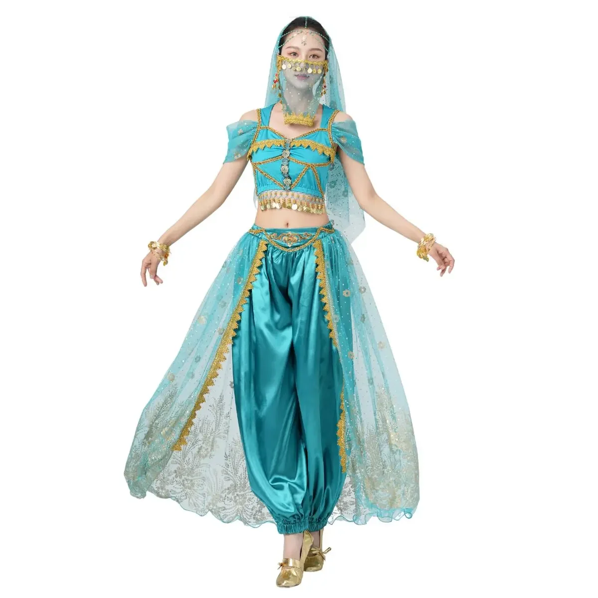 Costumes de danse orientale pour femmes, pantalons et ensemble pour Halloween, robe de princesse Jasmine d'Aladdin, vêtements de fête, tenue de danse.