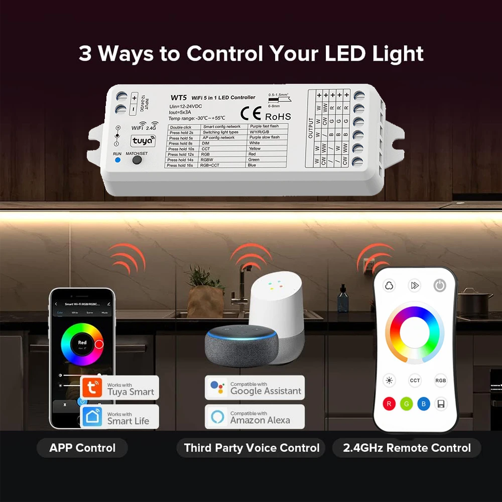 WiFi RF Smart LED Controller KIT 5 in 1 function Dimmer DC 12V 24V TUYA APP Smart Control For RGB CCT LED Strip With RF Remote