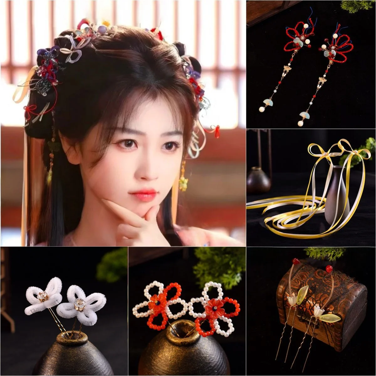 Novo Pente de Cabelo MiaoMiao Star River Red Pearl, Acessório de Cabelo Estilo Antigo Hanfu, Pente de Cabelo com Flor Tecida,...