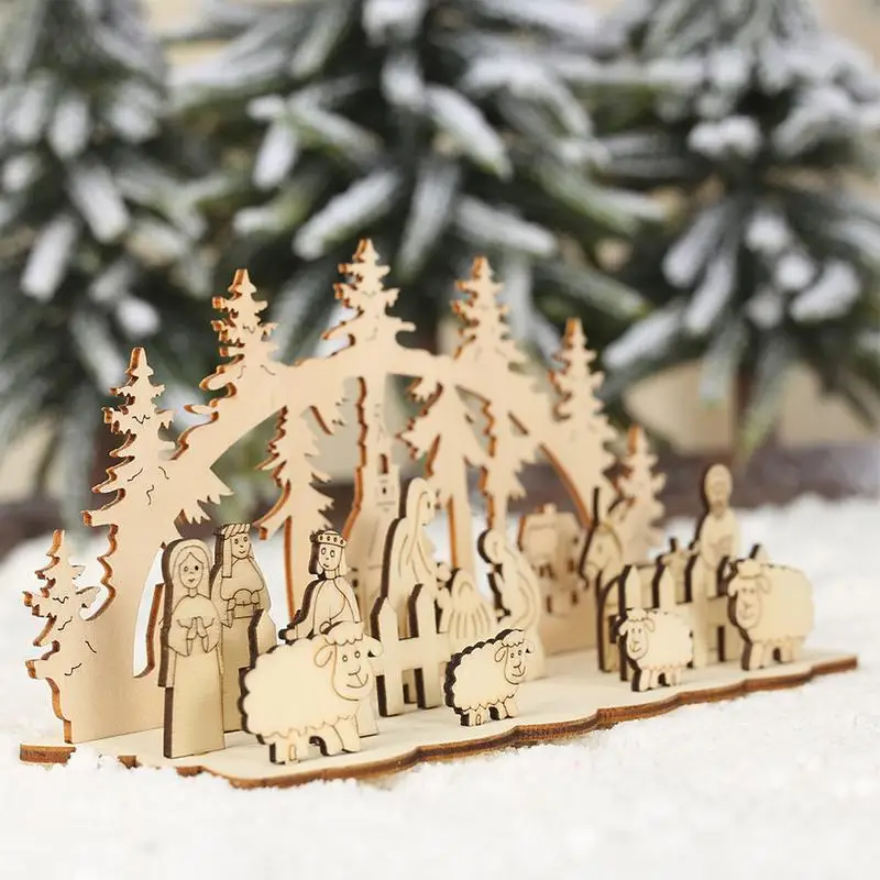 Wood 2D Christmas Nativity Set Religious Figure Collection With Wooden Base Crafts For Living Room Woodcraft Construction Kits