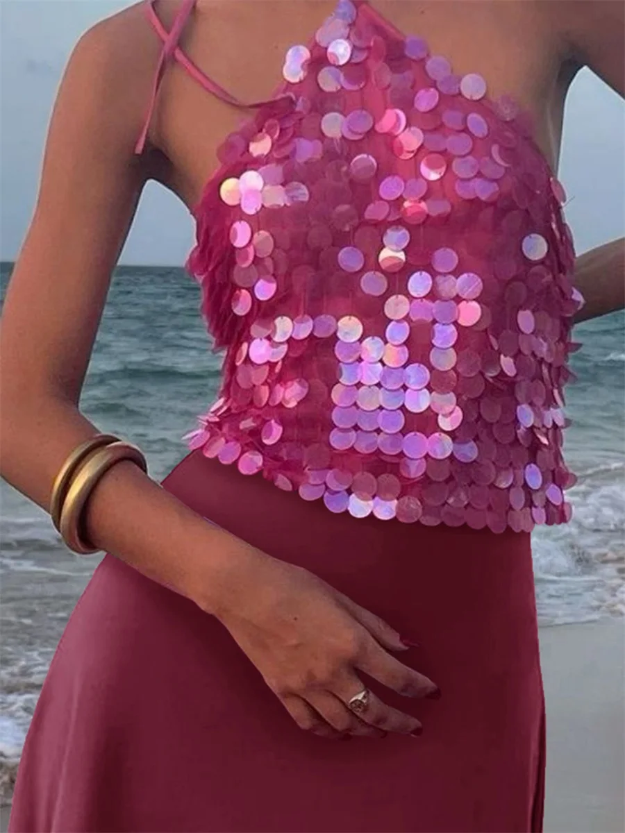 

Fashion Sparkle Sequined Halter Crop Tops Women Sexy Backless Tie Up Camis Coquette Tank Vest Festival Rave Party Clubwear