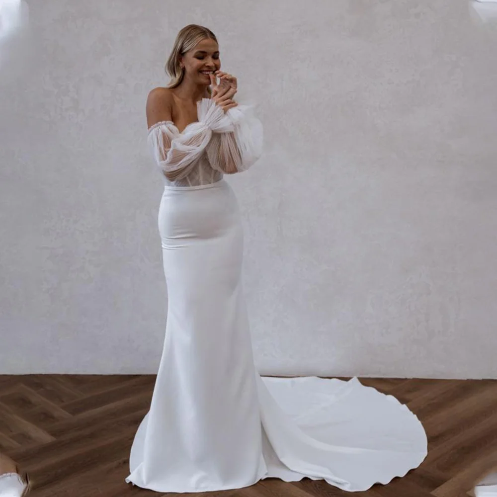 

Elegant Sweetheart Pleat Mermiad Boho Beach Wedding Dresses Detachable Puff Sleeves Custom Made 2023 Rode De Morrie