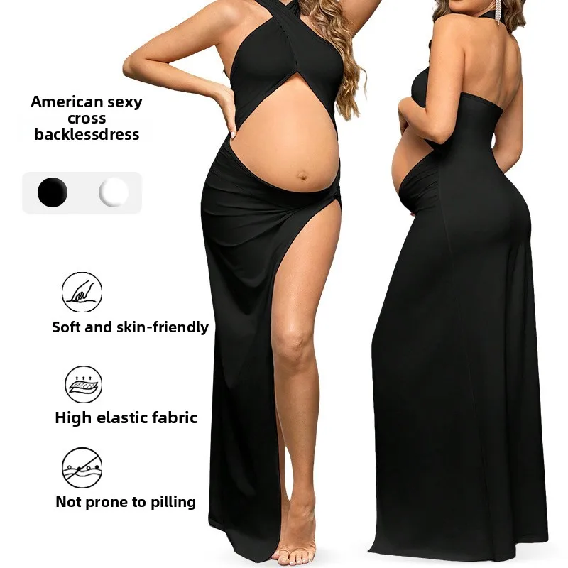 

Photoshoot Maternity Dress Halter Balckless Solid Color Dresses for Pregnancy Sexy Style Side Slits At Skirt Maternity Clothes