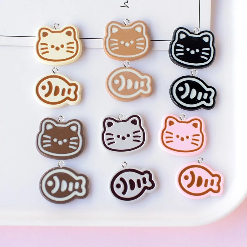 10Pcs Cartoon Cat Fish Resin Charms Animal Pendant Hook Girl DIY Earring Bracelet Keychain Jewelry Making Crafts Accessories