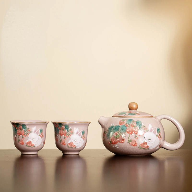 Ru Kiln Lifting Beam Pot Strawberry Rabbit Teapot Set Xishi Pot Household Ceramic Kung Fu Tea Set Open Piece Can Be Kept