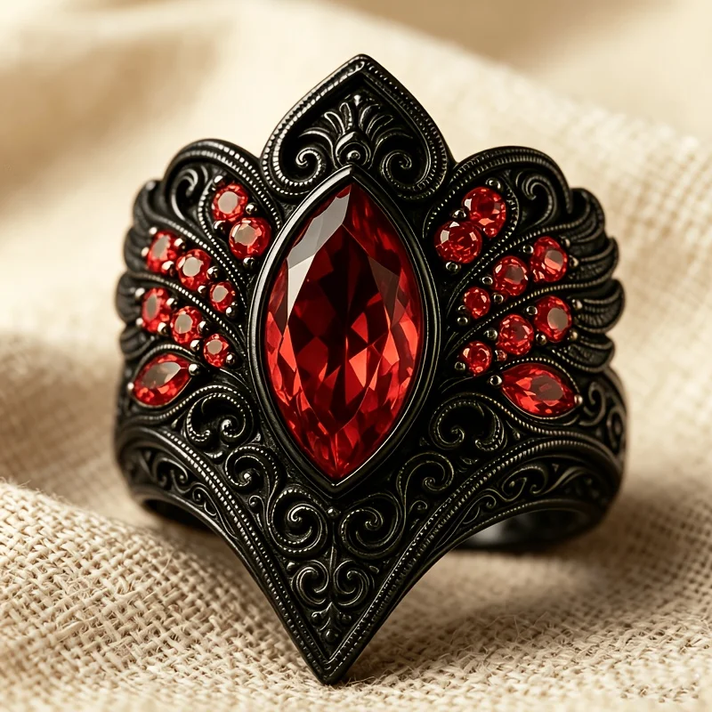 Retro-style black distressed engraved artificial gemstone wide women's ring, suitable for daily parties and parties.