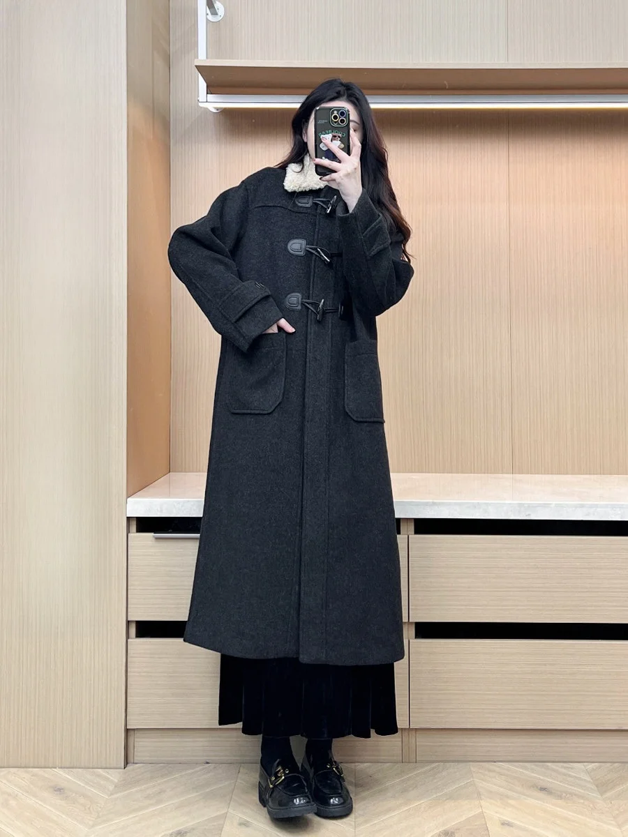 

Пальто шерстяное винтажное Juu Studio с воротником из овечьей шерсти, на пуговицах, длинное, для полных женщин, осенне-зимняя утепленная верхняя одежда, стройнящая фигуру