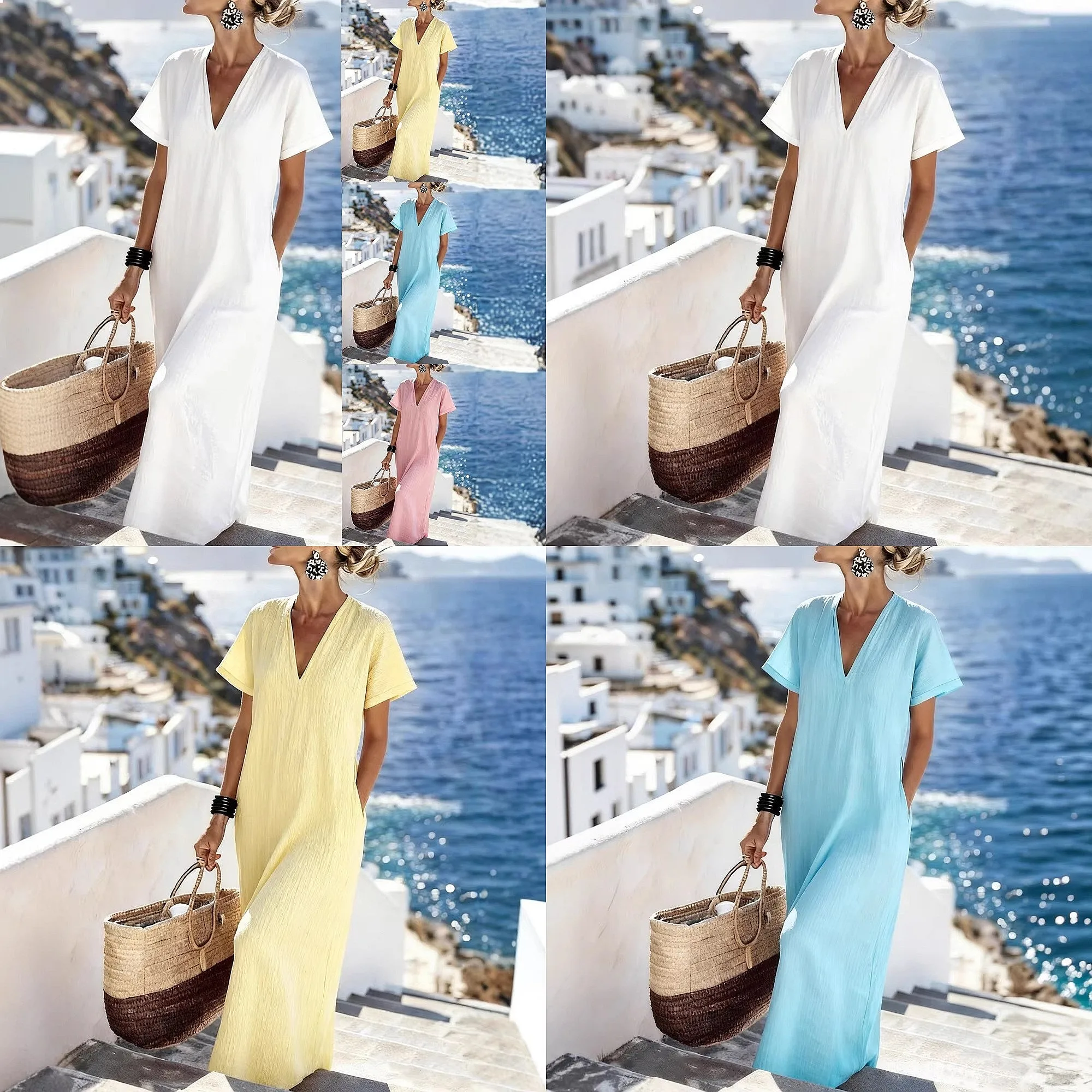

Women V Neck Short Sleeve Solid Long Dress Spring Summer Casual Maxi Dresses