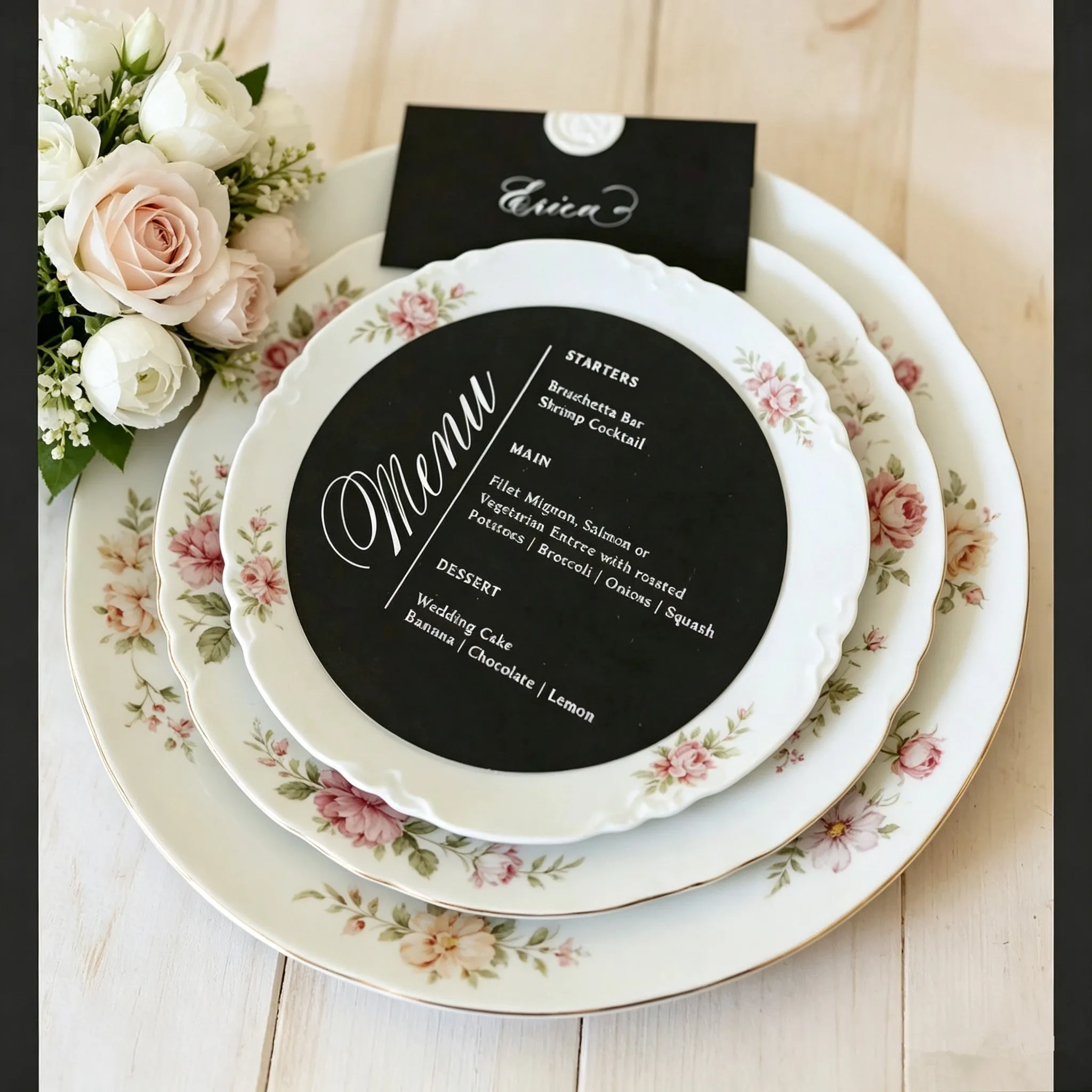10pcs Elegant Black Paper Wedding Menu Invitation Card with White Ink Print Round Shape Custom Thank you Card Design