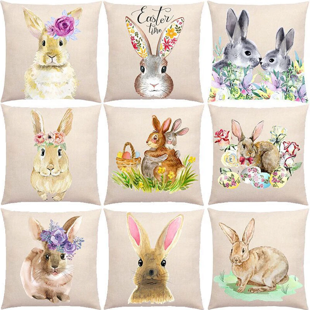 Happy Easter Cushion Cover Bunny Egg Linen Pillowcase Home Living Room Sofa Decoration 45x45cm Pillow Case Cover