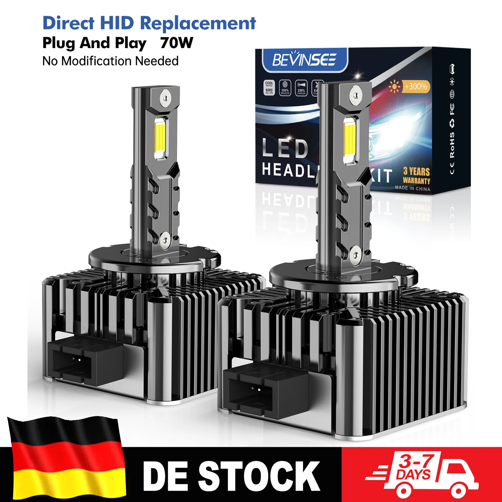 BEVINSEE 2 Stück D1S D1R D3S D3R D2S D2R D5S LED Canbus 70W 7000LM Scheinwerferlampen HID Xenon Direkter Ersatz Autolampe Plug&Play 6000K 12V