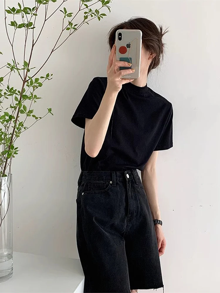 Unique Black Atmosphere Short Sleeve T-Shirt Women's Korean Style Super Beautiful Shoulder High Short Advanced Small Shirt To...