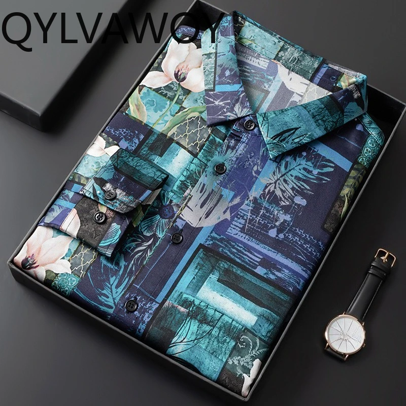 QYLVAWOY Long Sleeve Men's Shirts 92.4% Mulberry Silk Shirts Thin Printed Shirts for Men Premium Tops Menswear Clothing Fashion