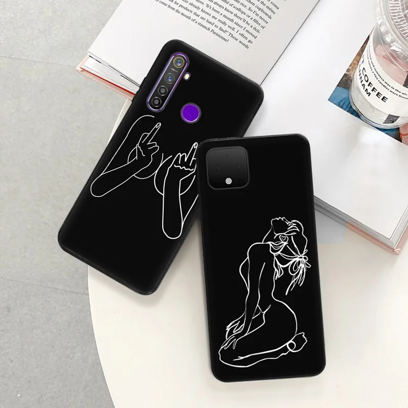 Phone Case for Pixel 8 Pro 8a 7a 6a Motorola G200 Edge 40 30 20 One Fusion Flower Sexy Girl Line Art Soft Black Anti-Drop Cover