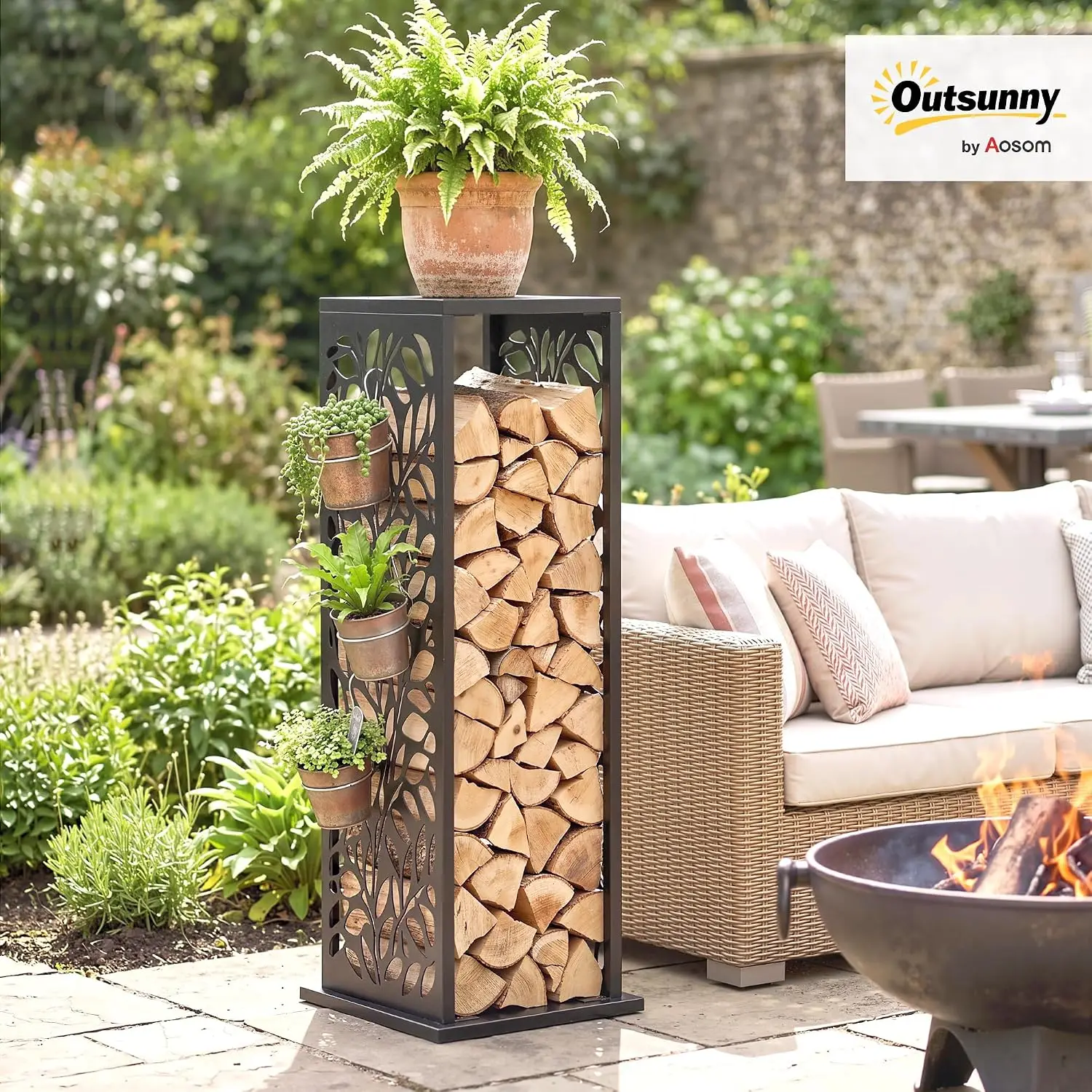 15 Inch Firewood Rack Outdoor Indoor with Cutout Design Black, Customized