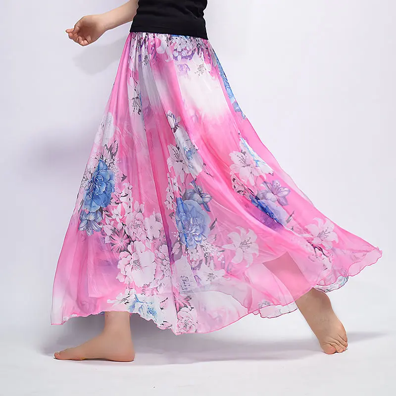 

Bohemia Chiffon Floral Printed Women Long Skirt Summer Elastic High Waist Casual Beach Skirts Saias