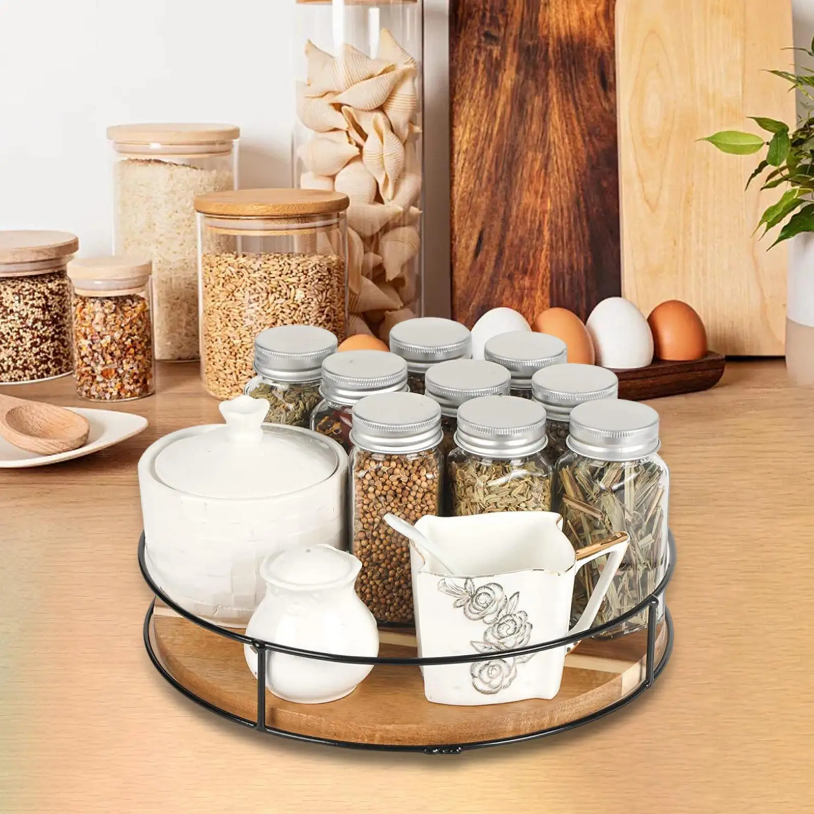 Wooden Turntable Tray Spice Rack Organizer for Coffee Station Kitchen Island