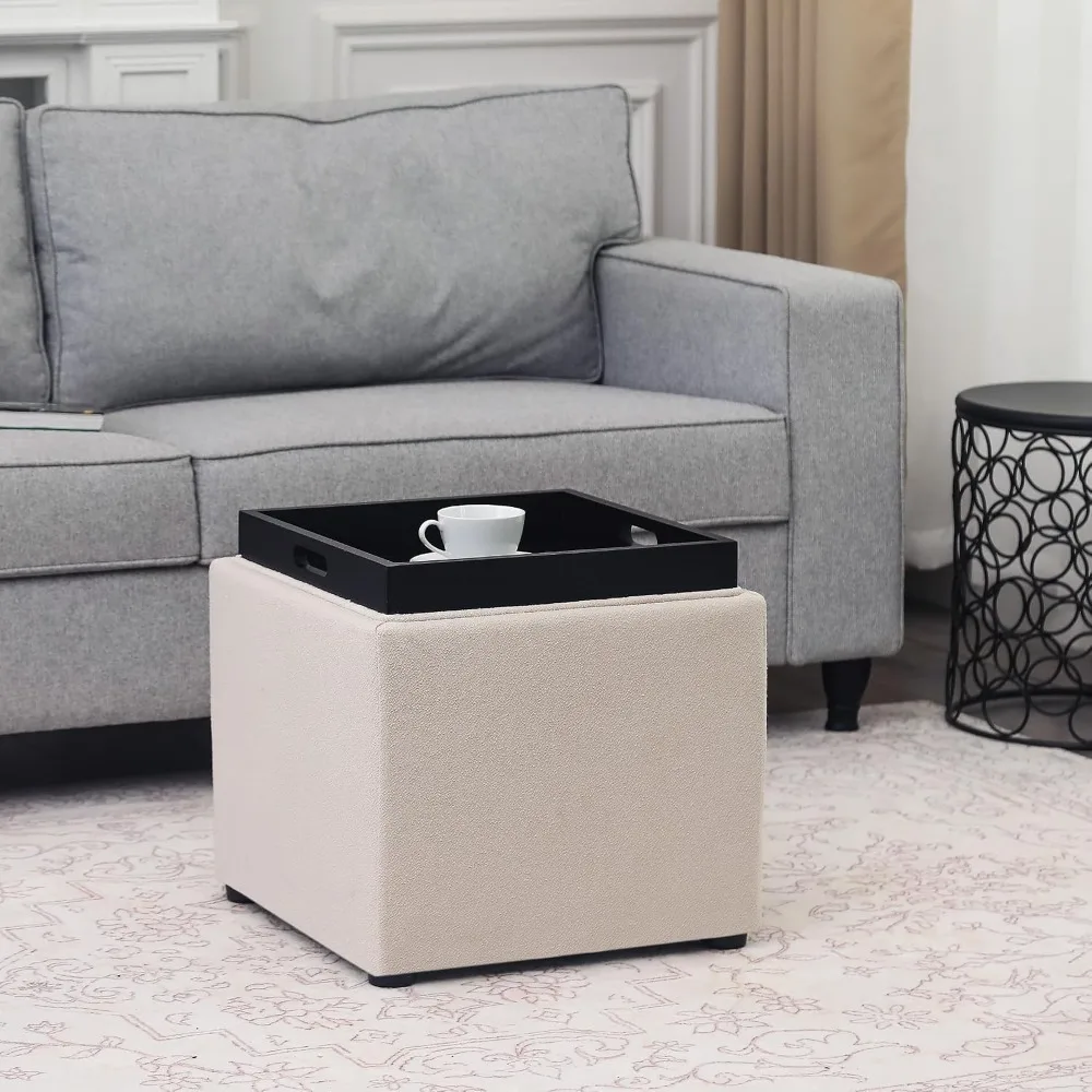 17in Square Storage Ottoman with Reversible Tray Top Upholstered Cube Footrest Stool Beige