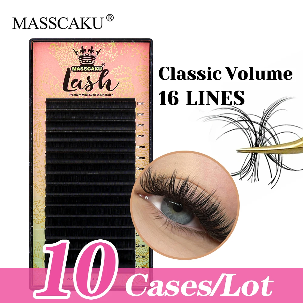 

MASSCAKU High Quality 10cases/lot 8-16mm and Mix Length Volume Eyelashes Matte Dark Black Handmade Classic Regular Lashes Trays