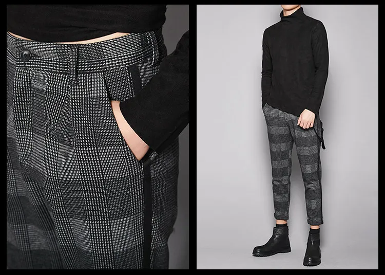 Autumn Gray British Wales Plaid Casual Pants Woolen Quality All-Match Tapered Casual Pants Cropped Skinny Pants