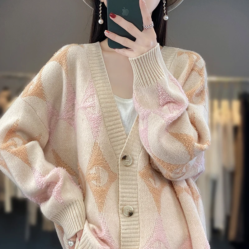 Women's cardigan wool sweater V-neck single breasted pink sweater autumn loose long sleeved knitted warm jacket