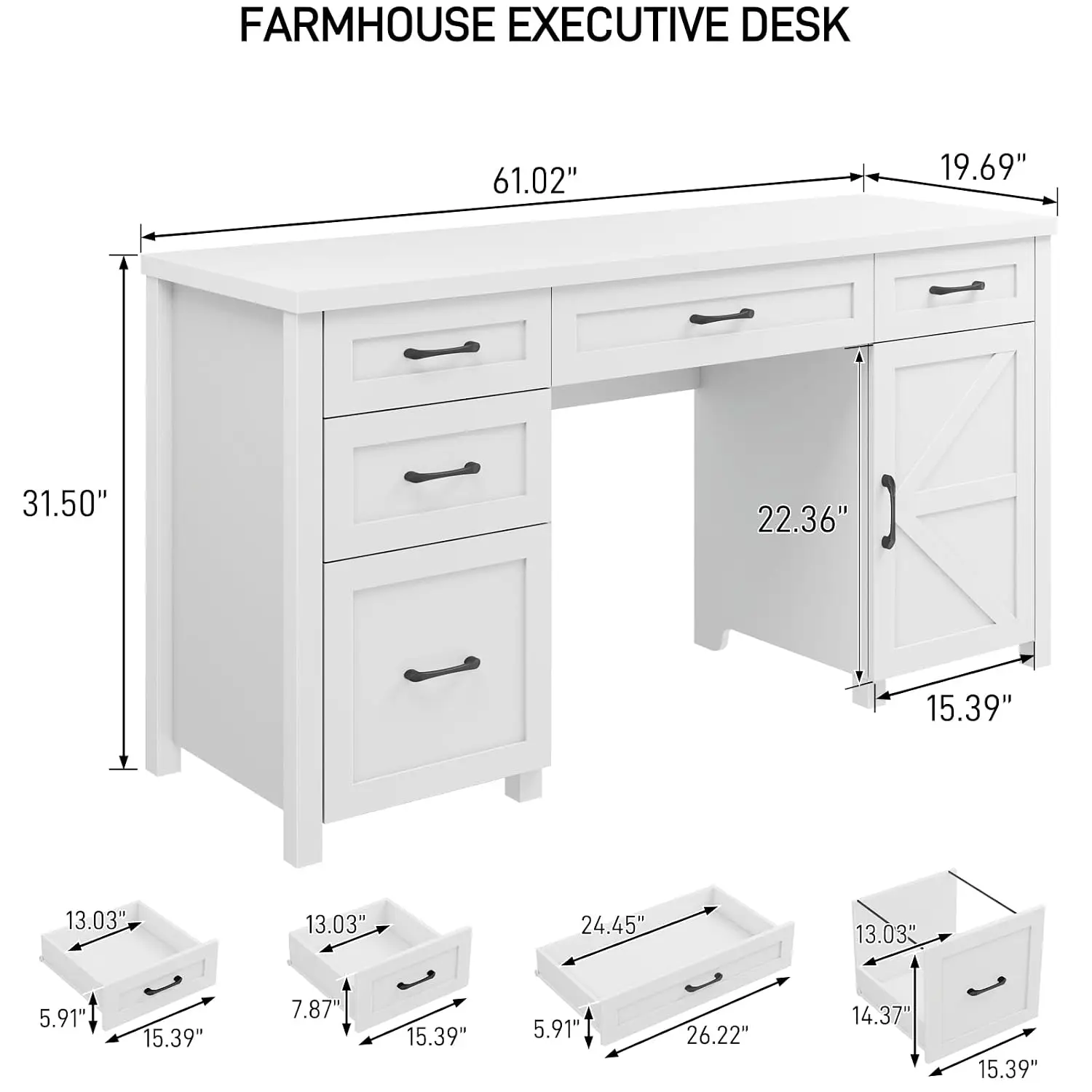 Farmhouse Executive Desk 5 Drawers 61'' White, Customized