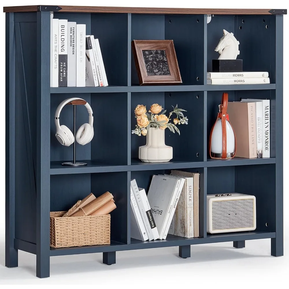 9 Cube Bookcase, Farmhouse 47 Inch Wide Navy Blue Bookshelf, Wooden 3 Tier Display Large Open Book Shelf, Vintage Horizontal