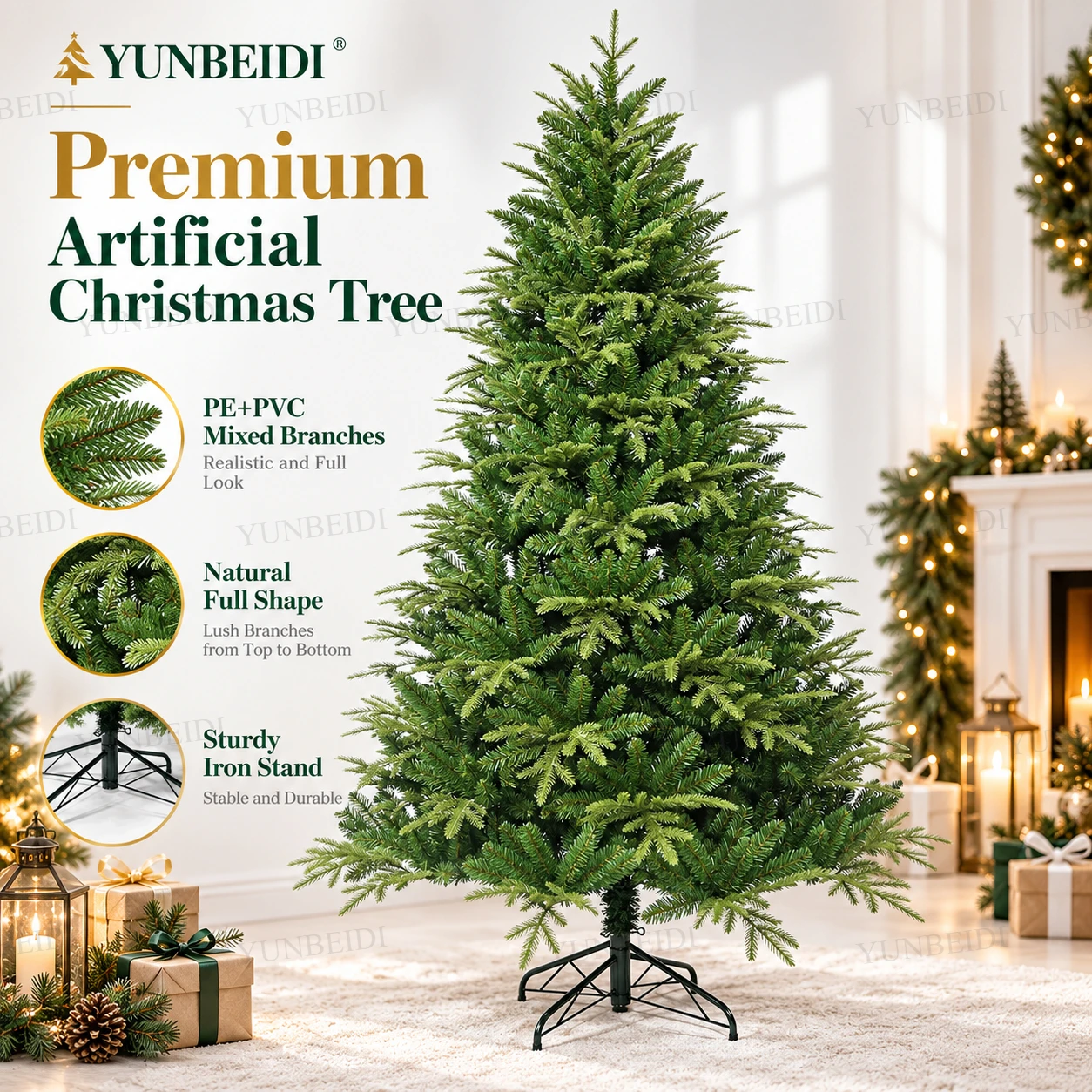PE&PVC Mixed Artificial Christmas Tree 120cm-240cm Full Green Xmas Tree with Metal Stand Optional USB LED Lights Home Xmas Decor